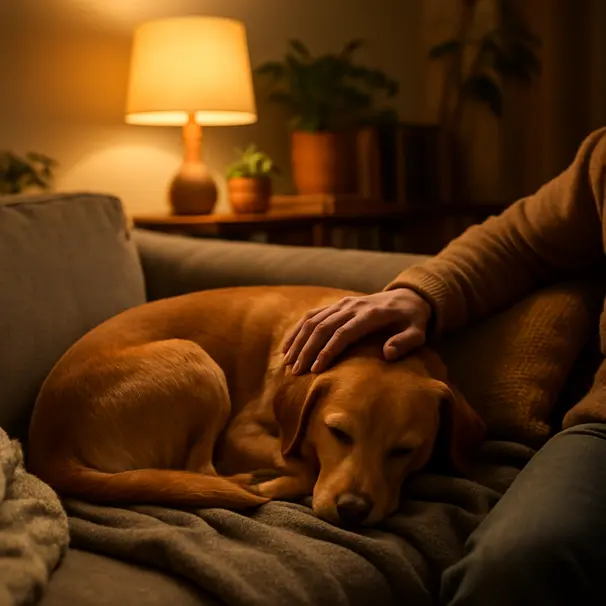 Medium-sized girl dog cuddled on a living room couch with person petting her, warm lamp light and home decor visible
