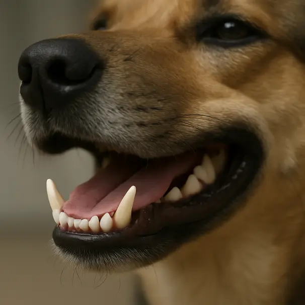 Close-up of a dog’s open mouth showing different teeth types, neutral background, detailed view of incisors and canines
