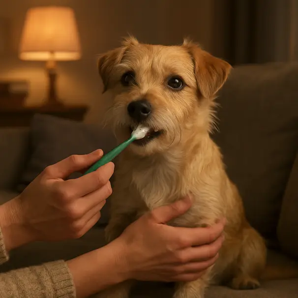 Small terrier on a couch as owner brushes its teeth in a warm living room, evening lighting, comforting scene