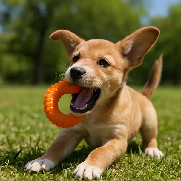 Puppy outdoors in a park chewing a teething toy on the grass, playful daytime scene