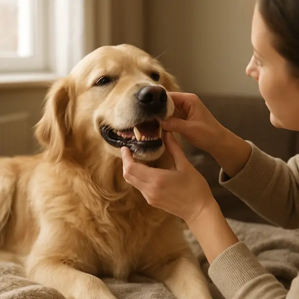 Golden retriever lying on a blanket indoors while a pet carer gently checks the dog’s mouth, calm home setting