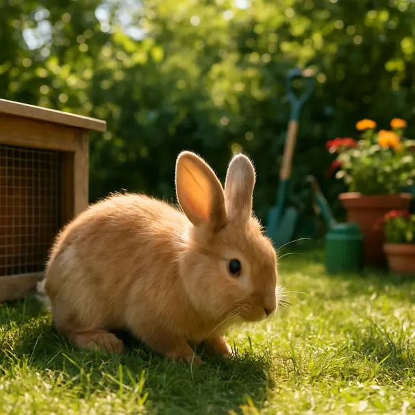 Rabbit exploring a sunlit backyard patch near a small wooden run and potted flowers, wide angle view
