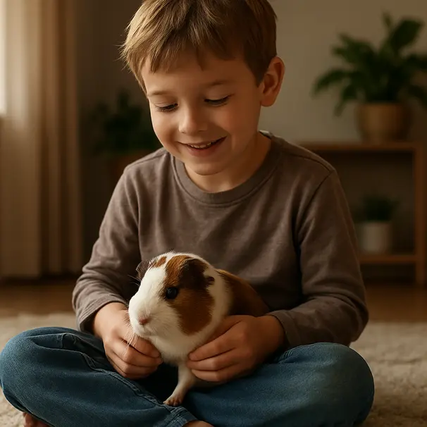 Child seated on a rug holding a guinea pig on their lap indoors, soft natural light and home background