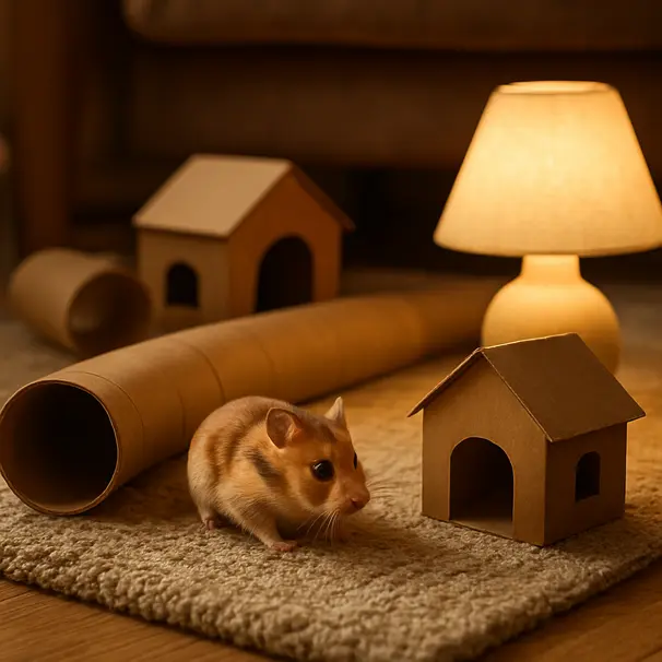 Hamster exploring a cozy indoor play setup with tunnels and cardboard houses under warm lamp light