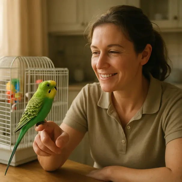 Pet carer smiling and holding a green budgie perched on their finger in a sunlit kitchen, cage and toys visible