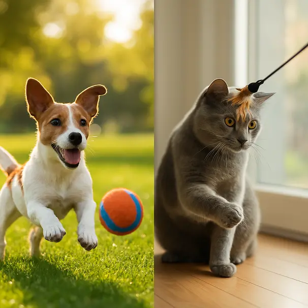 Small dog chasing a ball in a sunny park and a grey cat playing with a feather wand indoors near a window, showing different play environments