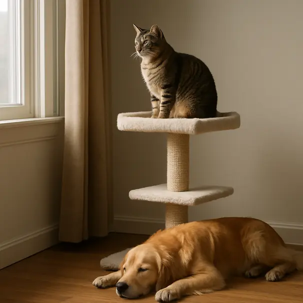 Tabby cat perched on a tall cat tree by a window with sunlight, golden retriever lying peacefully on the floor below in a cozy interior