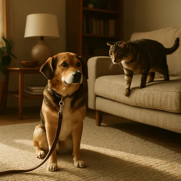 Dog on a leash sitting calmly on a living room rug while a domestic short-haired cat approaches from a sofa, warm sunlight, cozy home setting