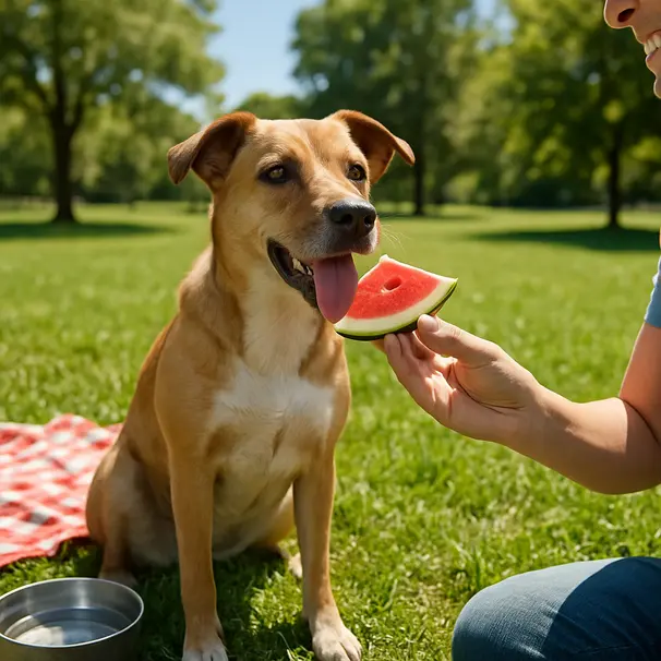 Mixed-breed dog sitting on grass outdoors eating a seedless watermelon slice held by a person, with picnic blanket and water bowl visible.