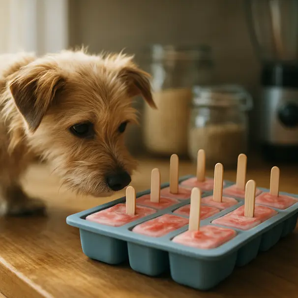 Close-up of silicone tray with frozen watermelon-yogurt pops on a kitchen counter while a small terrier sniffs nearby, blender and jars blurred in background.