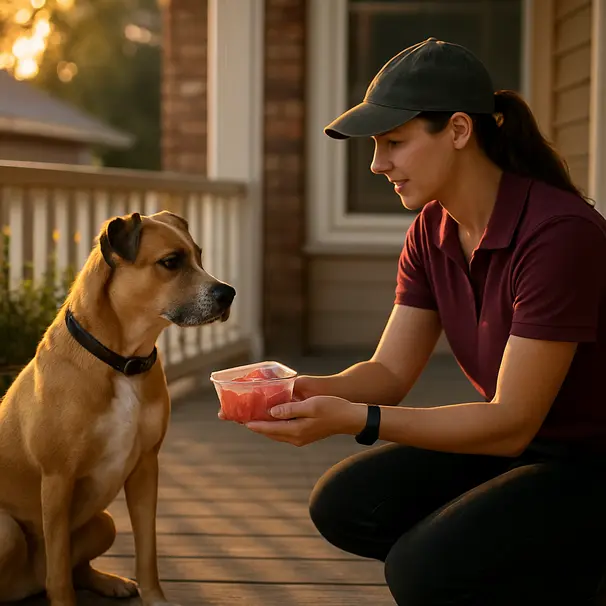 Pet carer kneeling on a porch handing a container of chilled watermelon bites to a medium-sized dog during golden hour, house and garden softly lit in background.