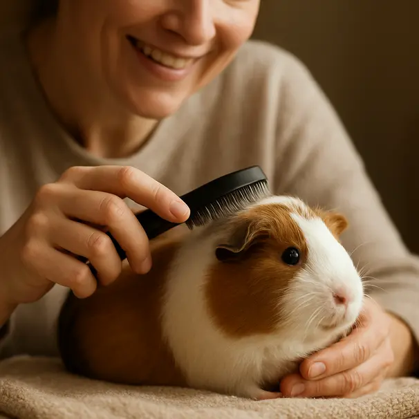 Pet carer grooming a cavia on a towel indoors, hands trimming nails and brushing fur