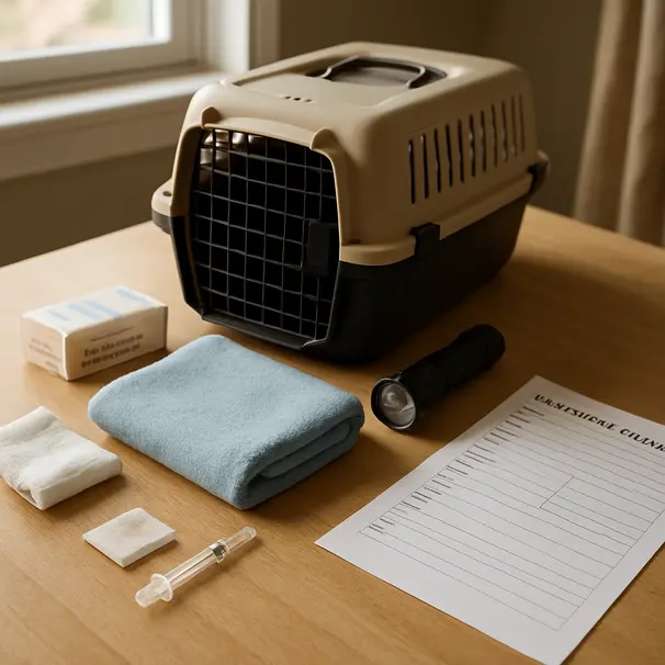 Emergency kit for small animals on a table with gauze, syringe, blanket, carrier and emergency contacts in daylight