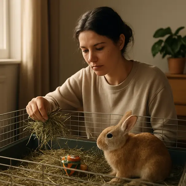 Pet carer arranging a coniglio's enclosure indoors, adding hay and toys, morning light and tidy room