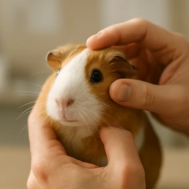 A guinea pig held gently for a health check, showing clear eyes while being supported by caring hands