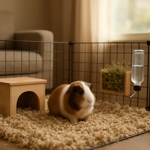 A guinea pig cage in a living room corner with bedding, hide hut, hay rack, and water bottle