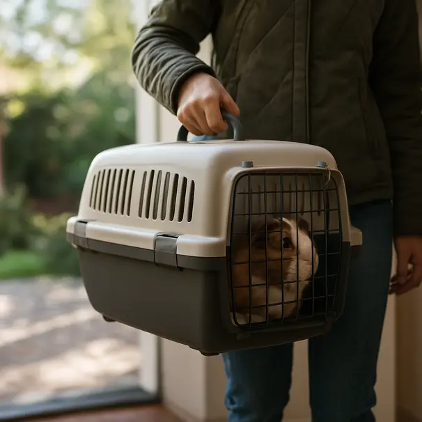 A pet carer carrying a ventilated guinea pig carrier into a home, daylight and soft shadows, guinea pig visible inside