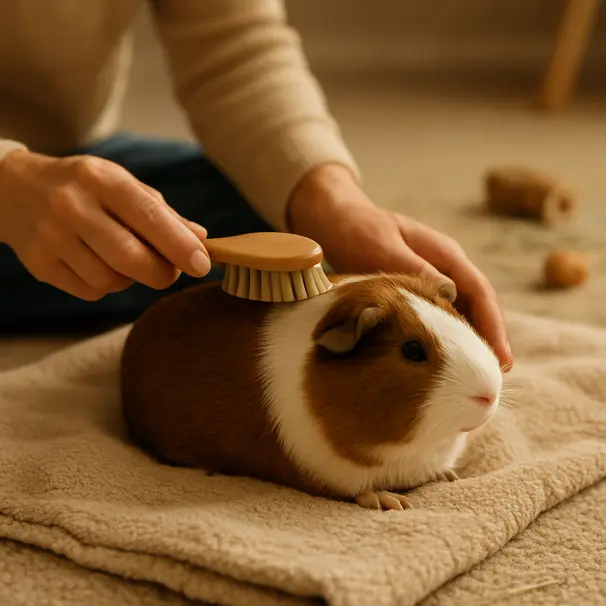 A person brushing a relaxed guinea pig on a blanket during supervised playtime with toys and hay around