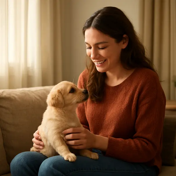 Puppy meeting owner in a warm living room, owner holding puppy on lap and smiling, soft afternoon light