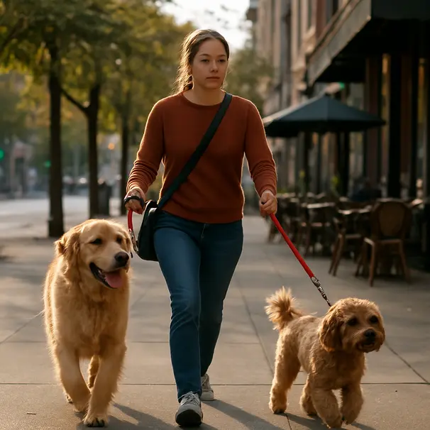 Pet carer walking two dogs on a city sidewalk, one large and one small, morning light, urban park and cafes in background
