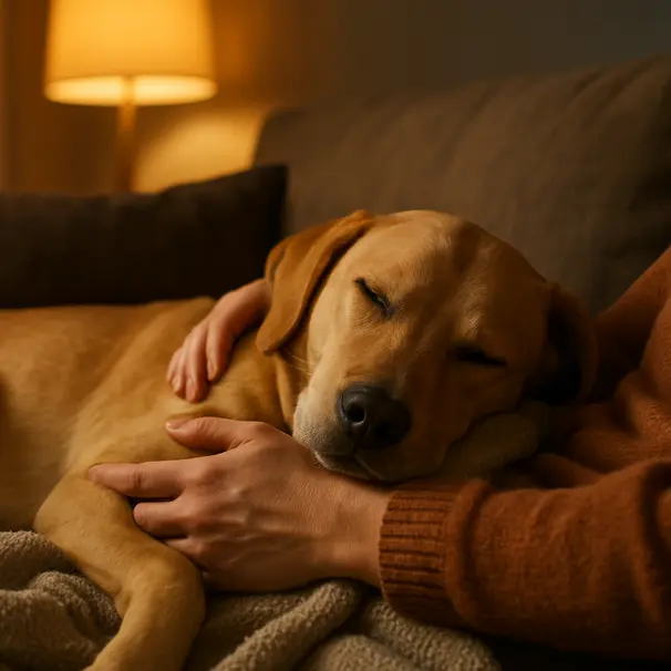 Owner cuddling with dog on couch in the evening, soft lamp light, close-up on dog face and hands, cozy home setting