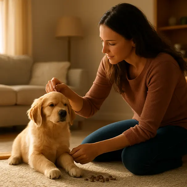 Pet owner gently lifting a golden retriever puppy's ear inside a cozy living room while checking the ear, treats on the floor.