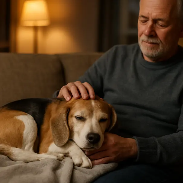 Older beagle resting on a couch covered with a blanket while its owner gently strokes its head in a cozy evening home scene.