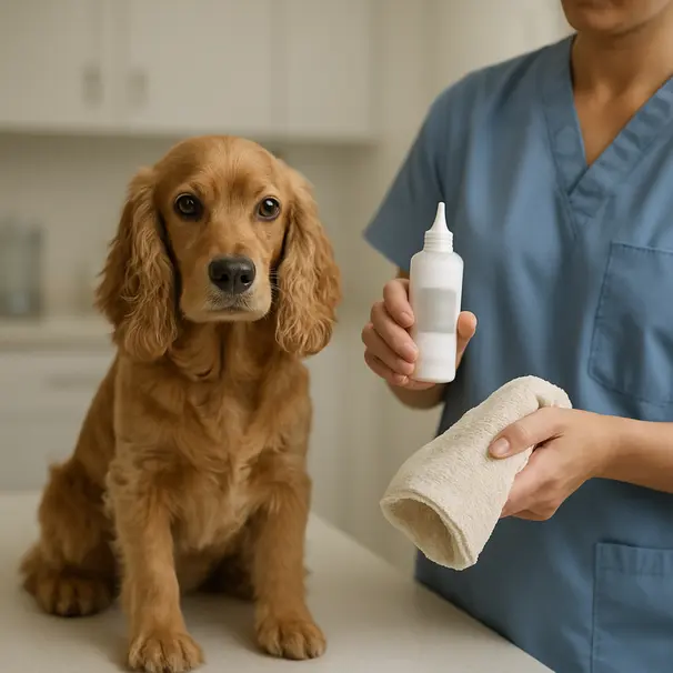 Cocker spaniel on a vet clinic exam table while a pet carer prepares a vet-approved ear cleaning solution and towel in a calm setting.