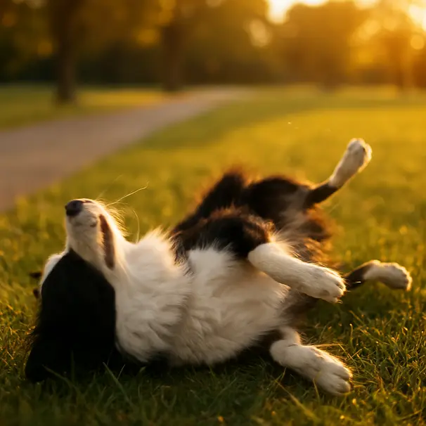 Border collie outdoors at a park shaking its head with a small grass awn visible near its ear and grassy path in background.