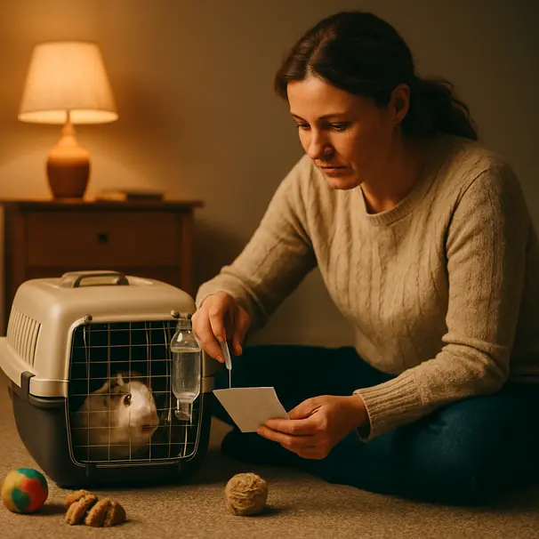 Pet carer in a cozy room checking a small pet's water bottle and leaving feeding instructions, showing reliable care routines