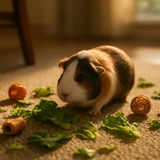 Guinea pig exploring a foraging area with leafy greens and toys on the floor in a warm home environment
