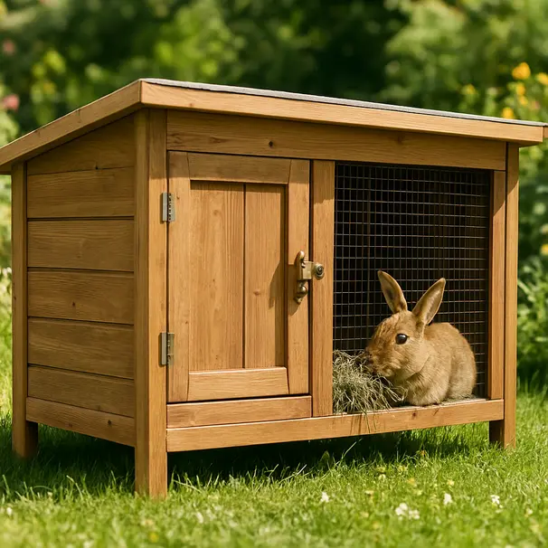 Rabbit inside a spacious wooden hutch in a sunny garden, surrounded by grass and flowers, illustrating outdoor housing