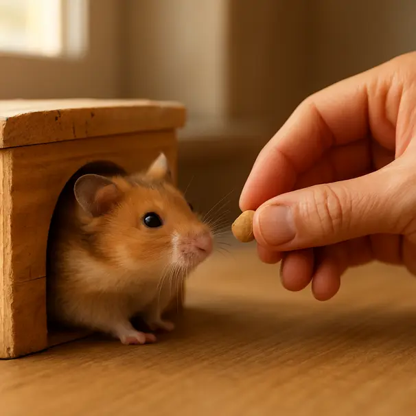 Person offering a small treat to a hamster peeking from a wooden hideout inside a sunlit room, showing a gentle introduction