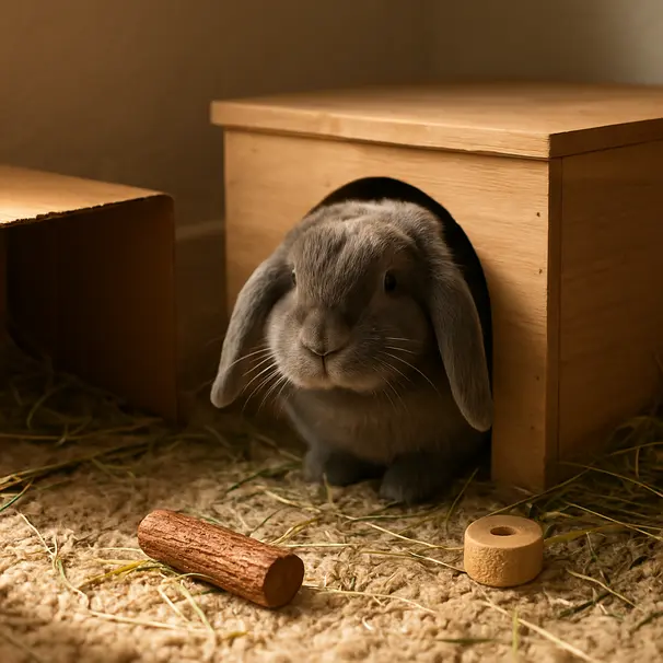 Conejo lop mirando desde una casita de madera en una sala iluminada por la mañana, con cama suave y heno alrededor.