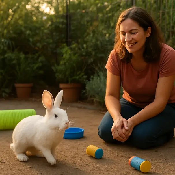 Conejo blanco explorando un patio cerrado al atardecer, con un cuidador sentado cerca y juguetes distribuidos, luz dorada de la tarde.