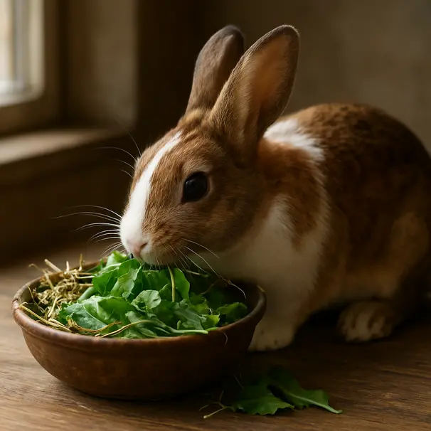 Conejo marrón y blanco comiendo heno y verduras frescas en un cuenco rústico sobre una mesa de madera, luz natural entrando por la ventana.