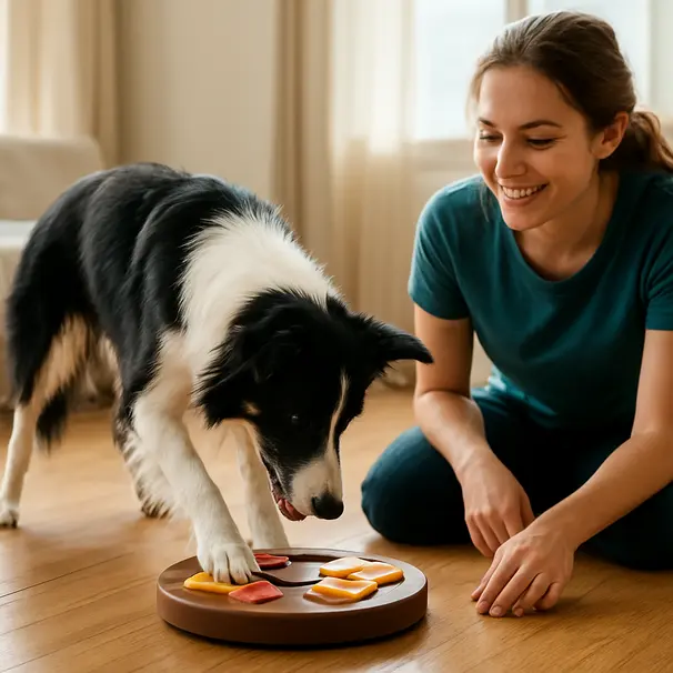 Un border collie gioca con un puzzle alimentare su un pavimento in legno, un pet carer sorride accovacciato accanto, luce diurna intensa, atmosfera di gioco e stimolazione