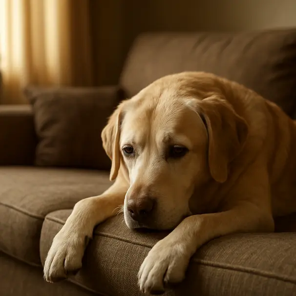 Un Labrador anziano sul divano in soggiorno, sguardo abbassato e occhi tristi, luce pomeridiana che entra dalle tende, ambiente domestico accogliente