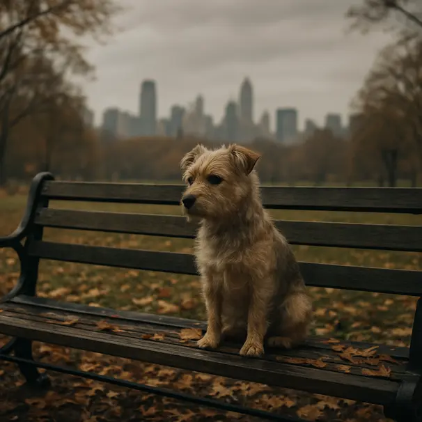 Un terrier seduto da solo su una panchina in un parco, giornata nuvolosa, foglie autunnali a terra e skyline lontano, atmosfera malinconica