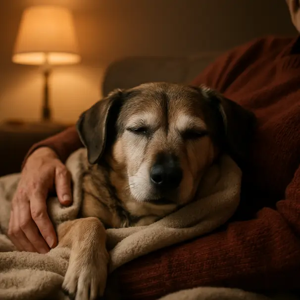 Un cane meticcio anziano abbracciato dal proprietario sul divano la sera, luce calda della lampada e coperte morbide, scena intima e rilassante