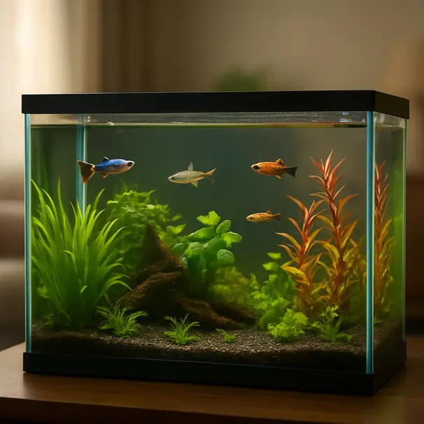 Et hjemmekar med levende planter og tropiske fisk i blidt morgenlys, ejer tjekker akvariet i baggrunden