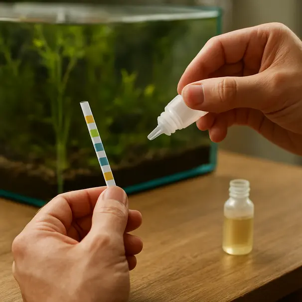 Hænder der tester akvarievand med teststrimler og dråbetest ved siden af et glasakvarium, detaljeret visning