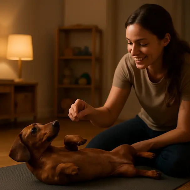 Small dachshund rolling on a mat indoors as a pet carer rewards it with a treat in a cozy evening setting