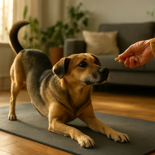 Mixed-breed dog lying down on a yoga mat while owner lures with a treat in a cozy living room