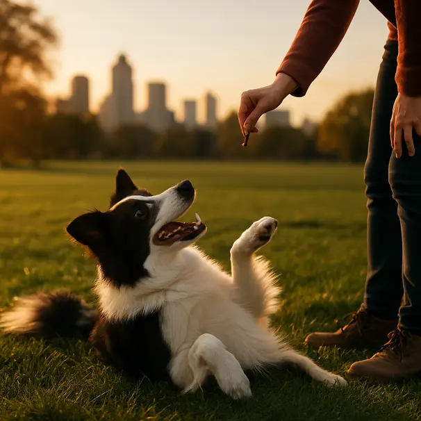 Border collie in a park following a treat and starting to roll over on grass during golden hour