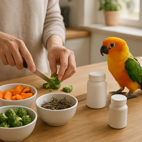 Eigenaar bereidt verschillende voeders voor exotische huisdieren op een tafel, groenten, insecten en supplementen, vogel naast tafel