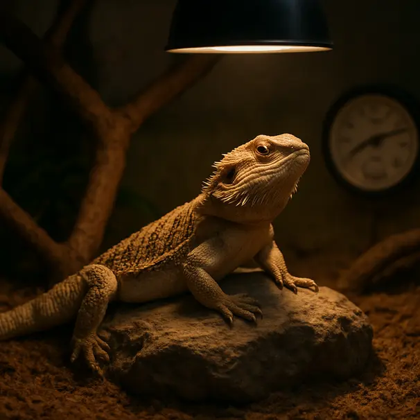 Bearded dragon in een goed ingericht terrarium met warmtebron en meetinstrumenten zichtbaar, binnenomgeving, rustend op een rots