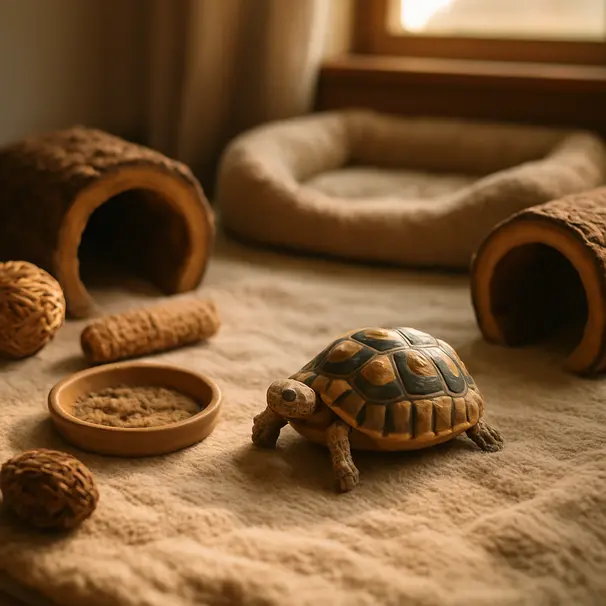 Verrijkingshoek met tunnels en speelgoed waarin een klein exotisch huisdier of schildpad speelt, binnenruimte, natuurlijk licht
