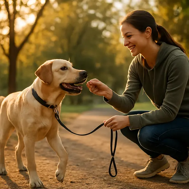 A Labrador being rewarded with a treat by a pet carer in a park at golden hour, leash loose and trees in the background, capturing a training moment.