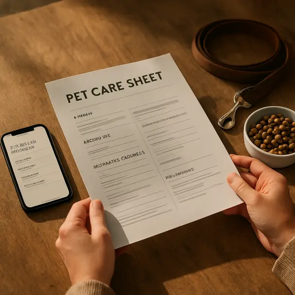 A pet care sheet and smartphone on a table next to kibble and a leash, hands of a pet carer holding the sheet, illustrating clear notes for carers.